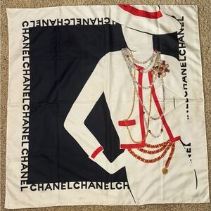 CHANEL Black and White Scarf with Red and Gold Details